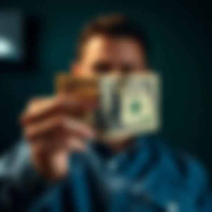 A person holding a $5 bill and weighing options between converting it and cashing out for more parcels