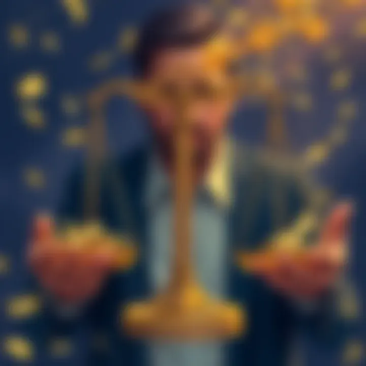 Illustration of a man holding cash with a scale balancing abundance and scarcity, symbolizing economic perceptions.