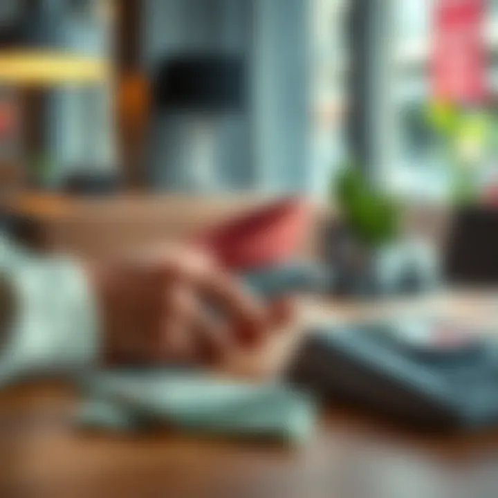Individual looking at a phone with a money transfer app open and cash on the table