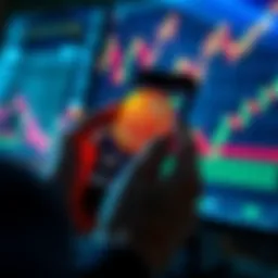 A person checking Bitcoin prices on a smartphone with charts in the background