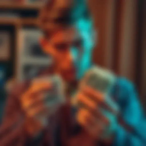 A person counting cash with a frustrated expression, showing a small amount of money, reflecting on low earnings.