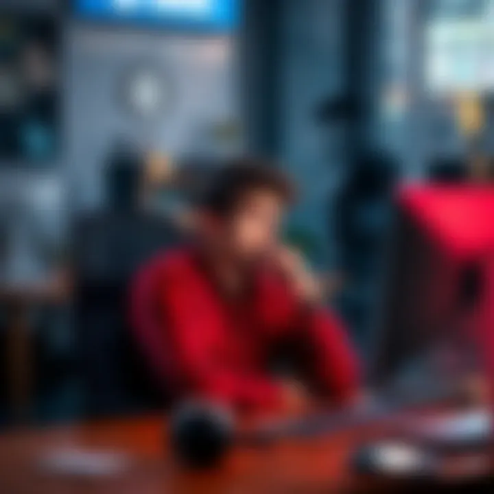 A person sitting at a desk looking at a computer screen with a questioning expression, considering the value of a monthly pass without surveys