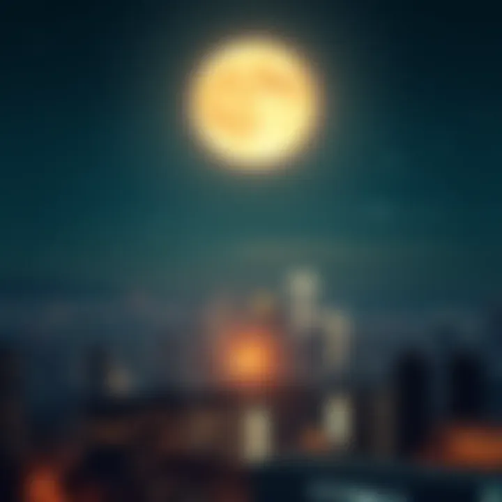 A bright full moon shining over a city skyline at night, with stars sparkling in the background.