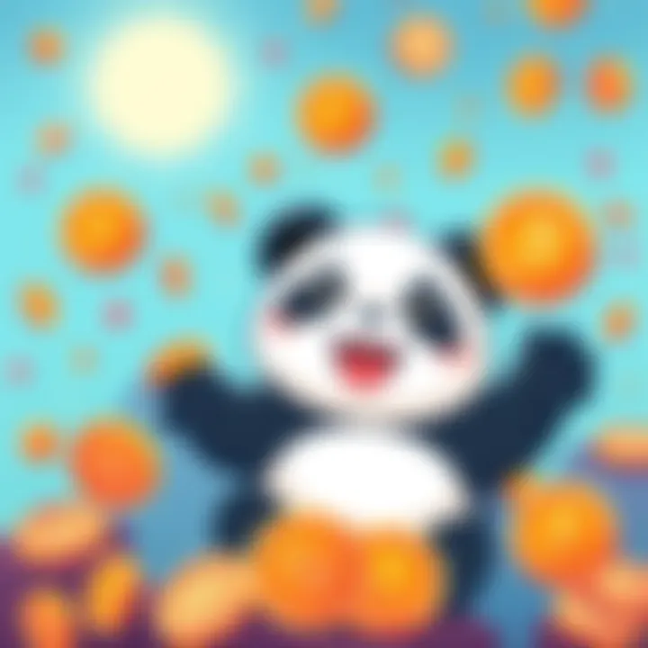 An illustration of a cheerful panda surrounded by colorful coins representing the MoonPanda $DeDe meme coin on a bright background