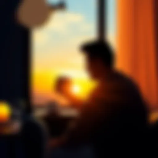 A person sitting at a table, sipping coffee while watching the sunrise through a window, symbolizing a productive morning routine.