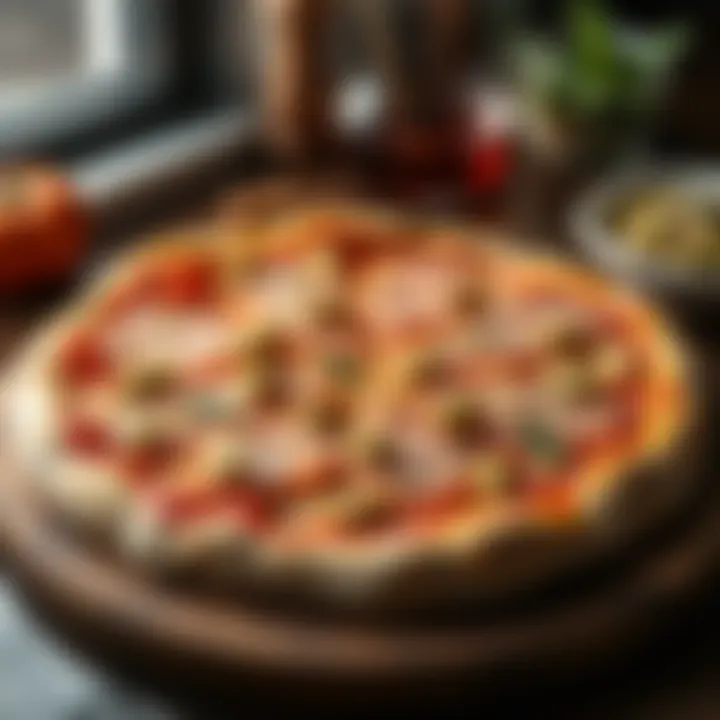 A close-up of a fresh pizza topped with slices of mortadella and sprinkled with pistachios, served on a wooden table.
