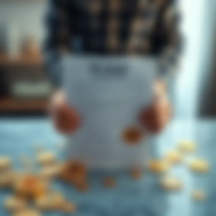 A person stands with a mortgage contract while Bitcoin coins are scattered around on a table, symbolizing investment in cryptocurrency.
