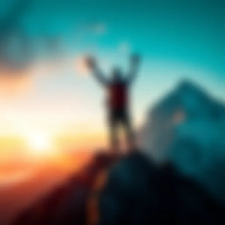 A climber standing triumphantly at the peak of a mountain, arms raised in celebration with a breathtaking view behind.