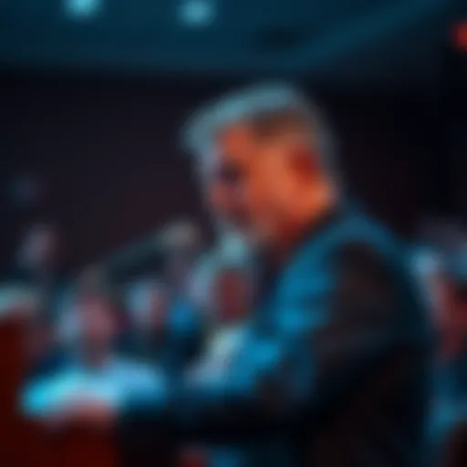 Mr. Saylor appears uncomfortable while addressing an audience at a public event, showing visible signs of distress.