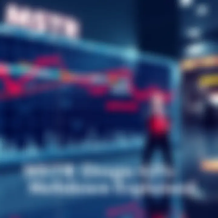 A downward trending stock chart representing MSTR's 63% drop in value over six months, with a stressed figure indicating SaylorMoon during an interview.