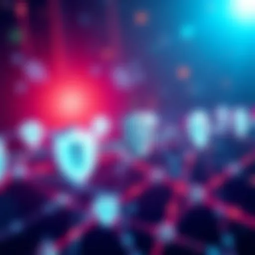 A visual representation of a blockchain network protected against quantum attacks, showcasing multiple interconnected chains with security shields and quantum symbols.