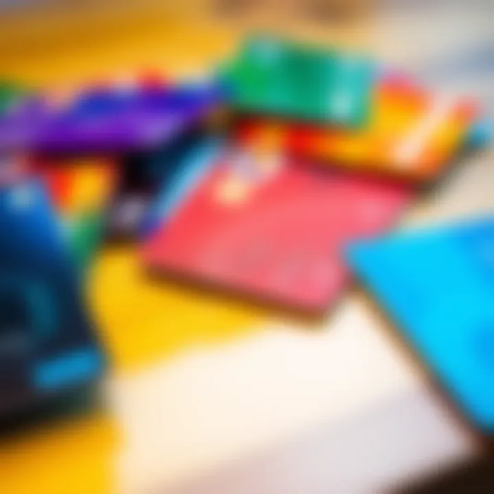 A collection of different colored debit cards laid out on a table, representing various spending pockets for managing family expenses.