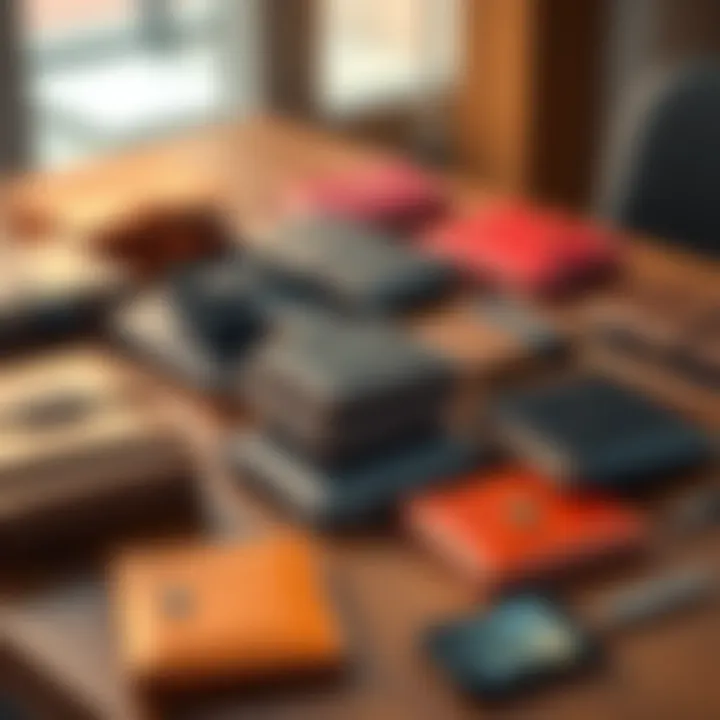 Multiple Wallets on a Table Different types of wallets displayed on a table, showing a mix of colors and styles, representing wallet management challenges.