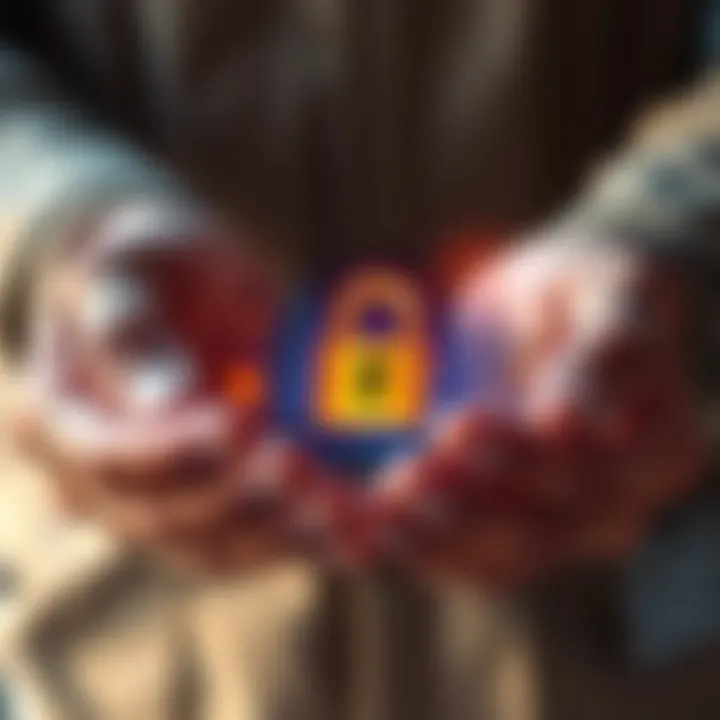 Two hands holding a digital representation of a multisig wallet with locks, symbolizing security and private key management.