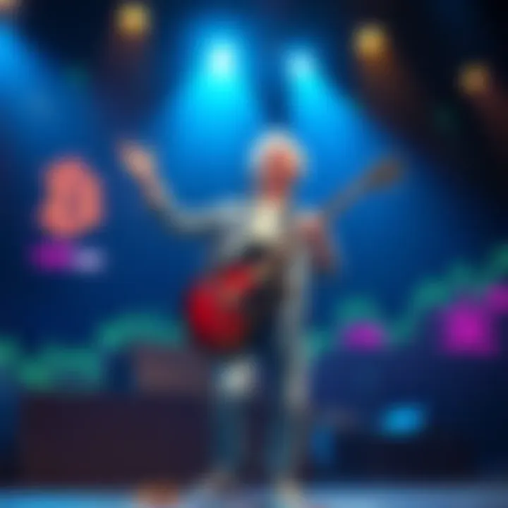 A musician performing on stage with a guitar, expressing joy and hope about Bitcoin's future, surrounded by visuals of fluctuating Bitcoin graphs and coins.