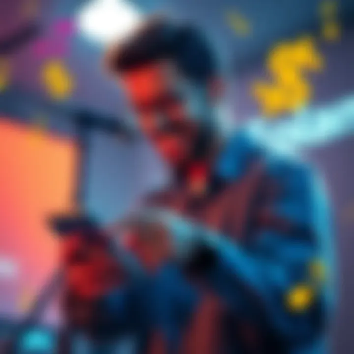 A musician happily checking their phone after receiving a $5 tip through a creator app on Solana, surrounded by musical notes and digital currency symbols.