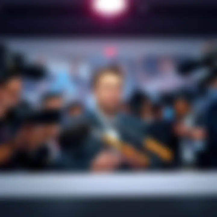 Elon Musk speaking at a press conference about his new payment app X Money, surrounded by reporters and cameras