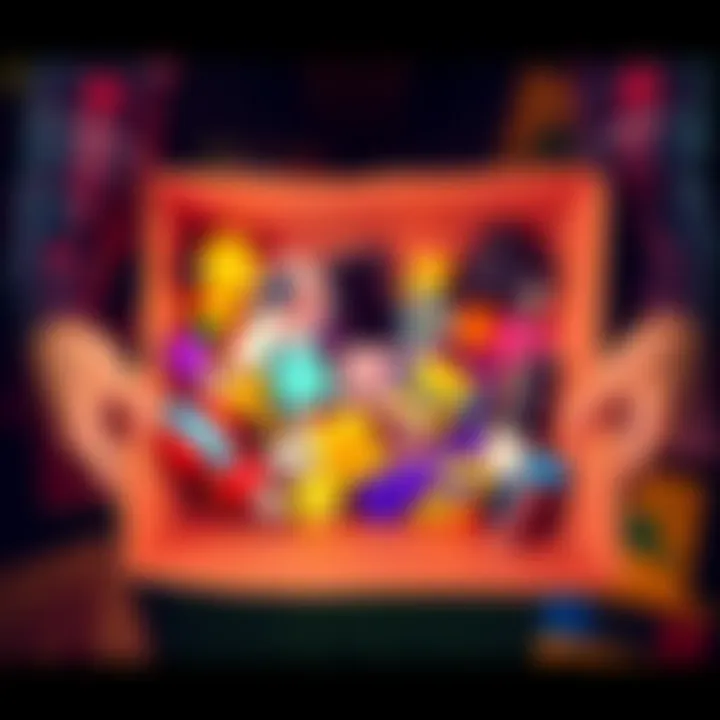 Open mystery box with assorted items A person opening a mystery box filled with various unknown items like toys, gadgets, and collectibles