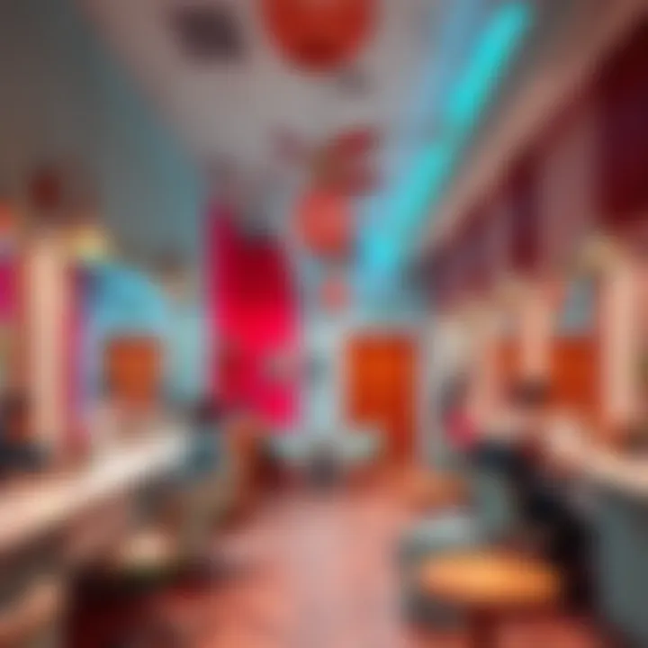A bright nail salon featuring colorful decor and clients enjoying manicures