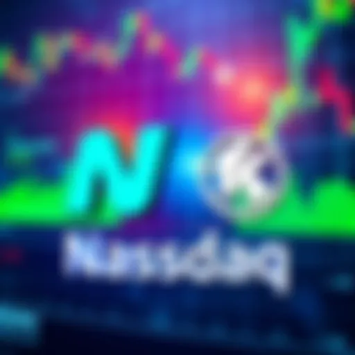 Illustration of Nasdaq and Kraken logos together with a digital stock chart background