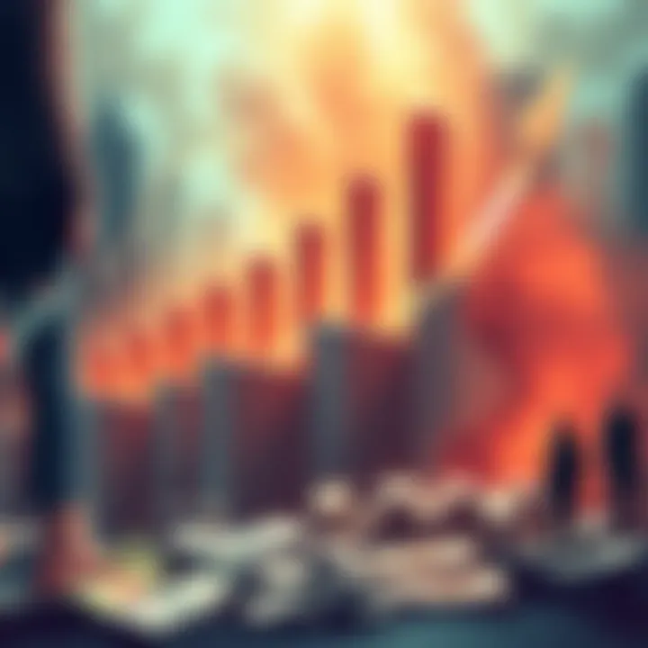 A visual representation of national debt growth, showing increasing debt levels affecting an economy, with money symbols and people concerned about finance.