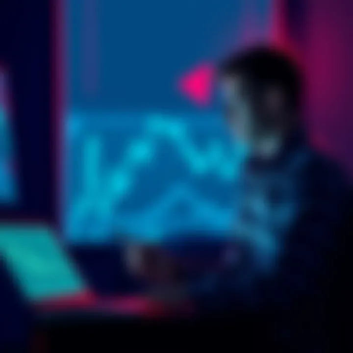 A thoughtful individual contemplating cryptocurrency challenges with a laptop in a dimly lit room