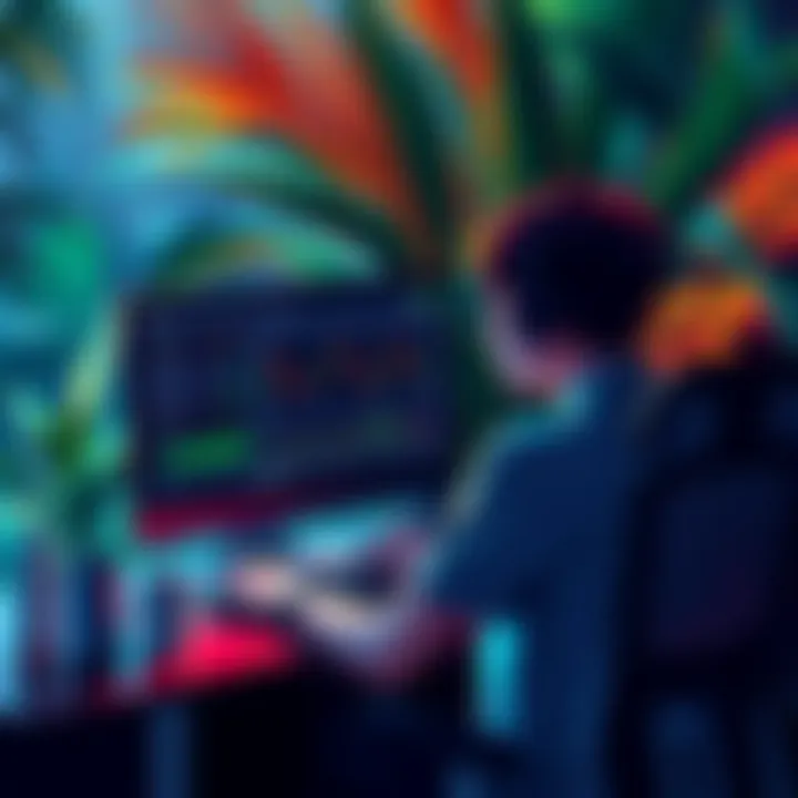 A person sitting at a computer, looking at a trading platform while surrounded by tropical plants, representing access to Kraken in the Philippines.