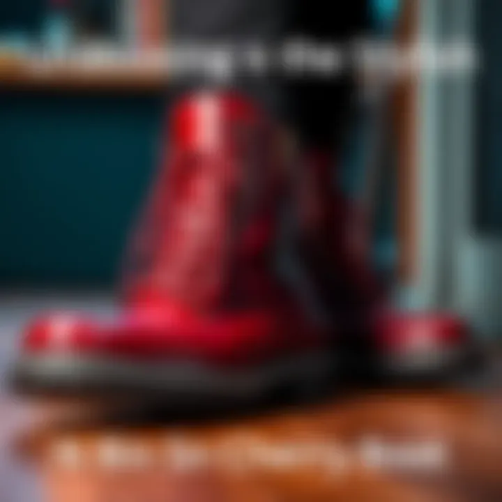 Close-up of stylish NBD Cypress Raisin Cherry boots on a wooden surface