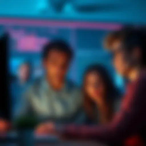 A group of people looking at hate-filled comments on a computer screen, showing concern and frustration.