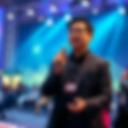 Nenter Chow speaking on stage at the GLOBAL BLOCKCHAIN SHOW about cryptocurrency exchanges and market stability.