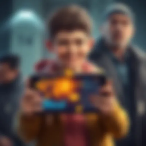 A young man with a smirk holding a tablet showing cryptocurrency graphics, with a distressed older man in the background