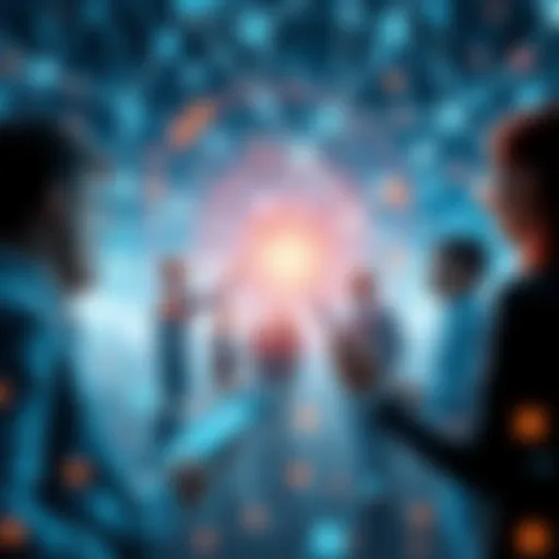 A group of people interacting with futuristic technology and networks in 2026, showcasing advancements and connections.