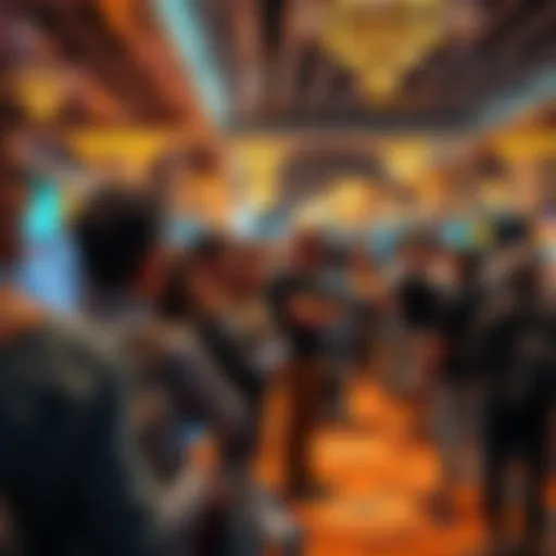 People networking at a Bitcoin conference in Las Vegas, discussing cryptocurrency and technology