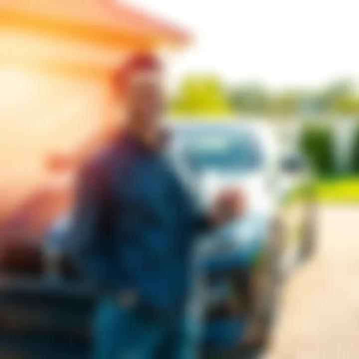 A person stands next to their new car, smiling, holding a set of keys. The background shows a bright sunny day and a driveway.