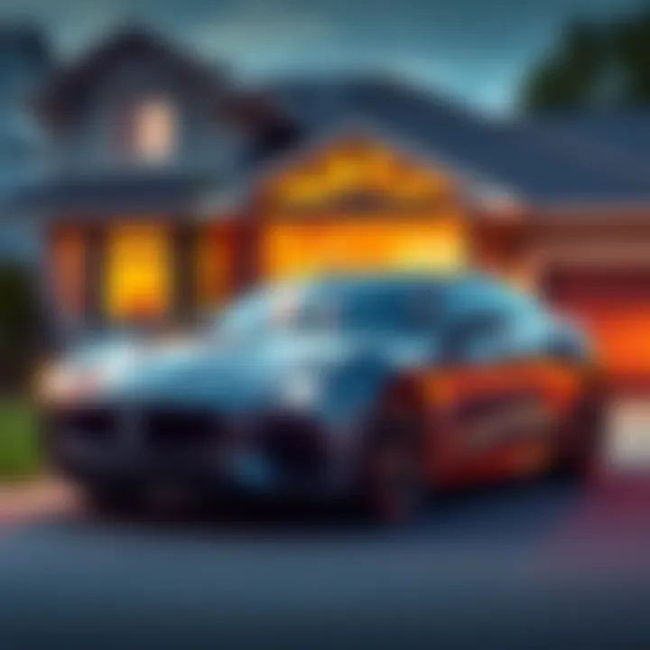 A shiny new car parked in front of a house, symbolizing financial success from holding Ethereum for five years
