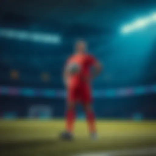 A new full-back in team colors standing on the field with a soccer ball, ready for the match