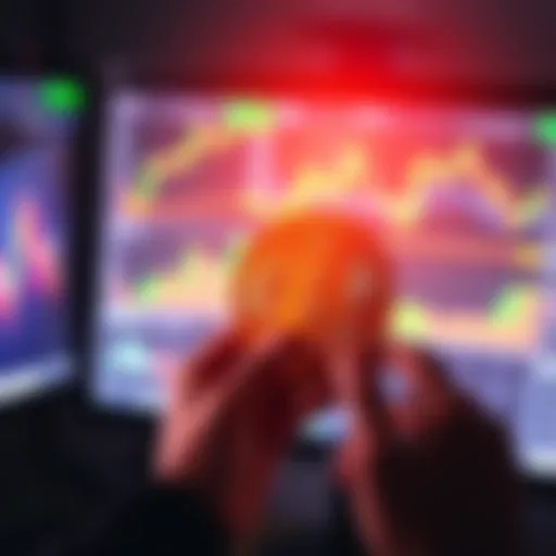 A person holding a Bitcoin symbol while looking at a computer showing cryptocurrency charts, representing a new investor's focus on Bitcoin.