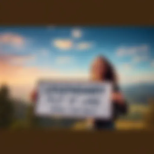 A happy person holding a sign that says 'Legendary Land' with a beautiful view in the background