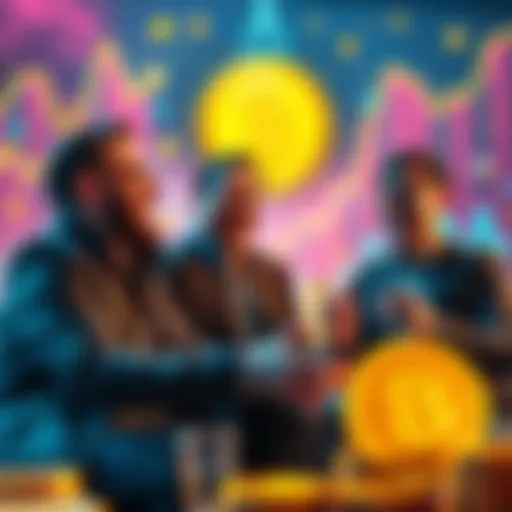 Excited investors discussing the launch of a new meme coin with cryptocurrency graphics in the background