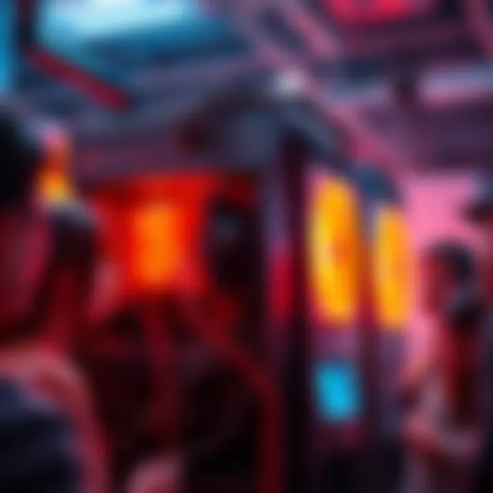 New Miner Review A close-up of a newly acquired mining rig with glowing lights and connected cables, surrounded by curious onlookers discussing its potential value.