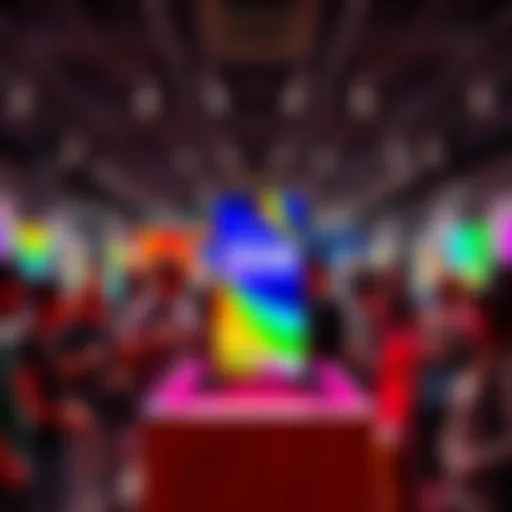 A new smartphone on a display with price tag of 20,000 BRL, surrounded by curious onlookers in a retail store
