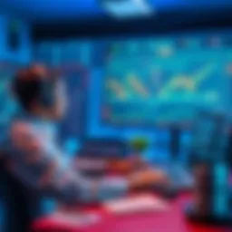 A person sitting at a desk with a laptop, watching trading tutorial videos, surrounded by charts and notes, ready to start trading.
