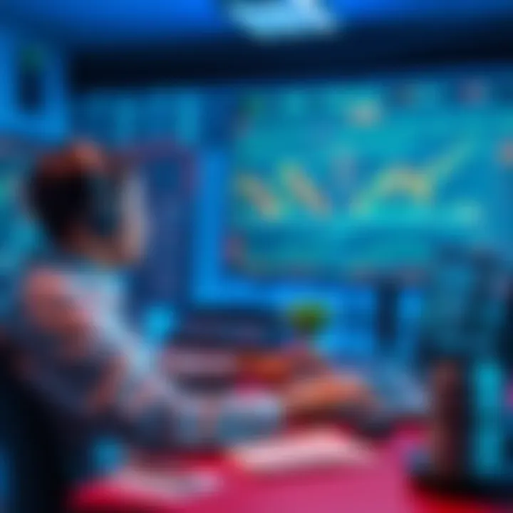 A person sitting at a desk with a laptop, watching trading tutorial videos, surrounded by charts and notes, ready to start trading.