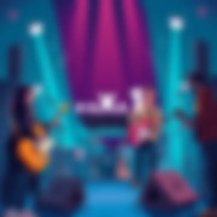 Illustration of musicians connecting online through the .xz1 naming service with digital tools