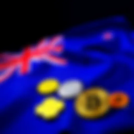 New Zealand flag with various cryptocurrency symbols representing a tax proposal for digital assets