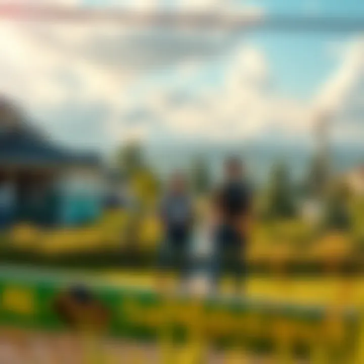 A new AE player stands in front of multiple parcels of land they are purchasing, with community members looking on curiously.