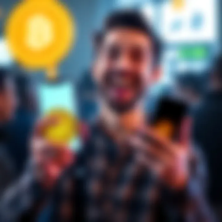 A person celebrating after buying their first Bitcoin, showing a smile and holding a smartphone with a Bitcoin logo on the screen