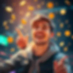 A happy newcomer with a hopeful expression celebrates joining the crypto community, surrounded by digital coins and symbols of cryptocurrency.