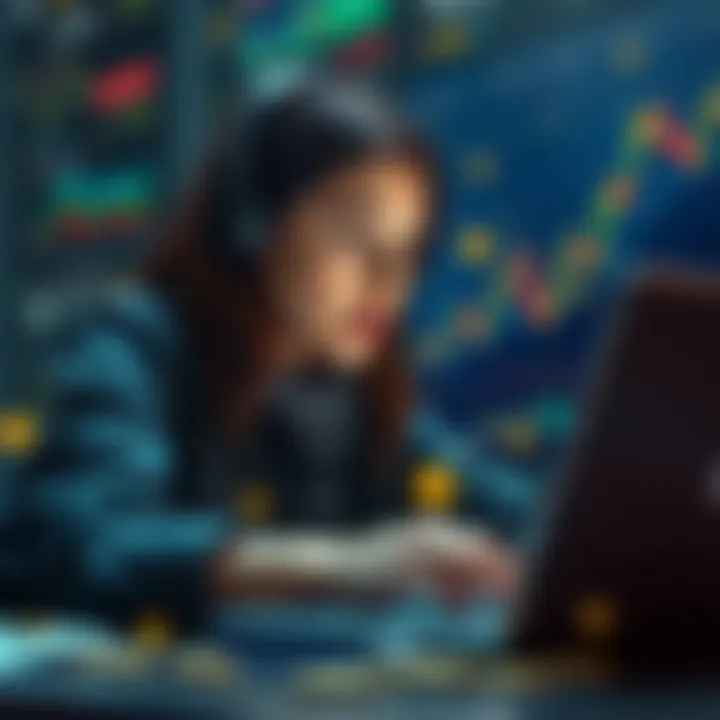 A new investor looking at a laptop with cryptocurrency charts and coins around her, focused and ready to invest.