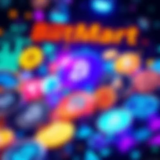 A graphic showing various new cryptocurrency tokens listed on BitMart with bright colors and engaging designs.